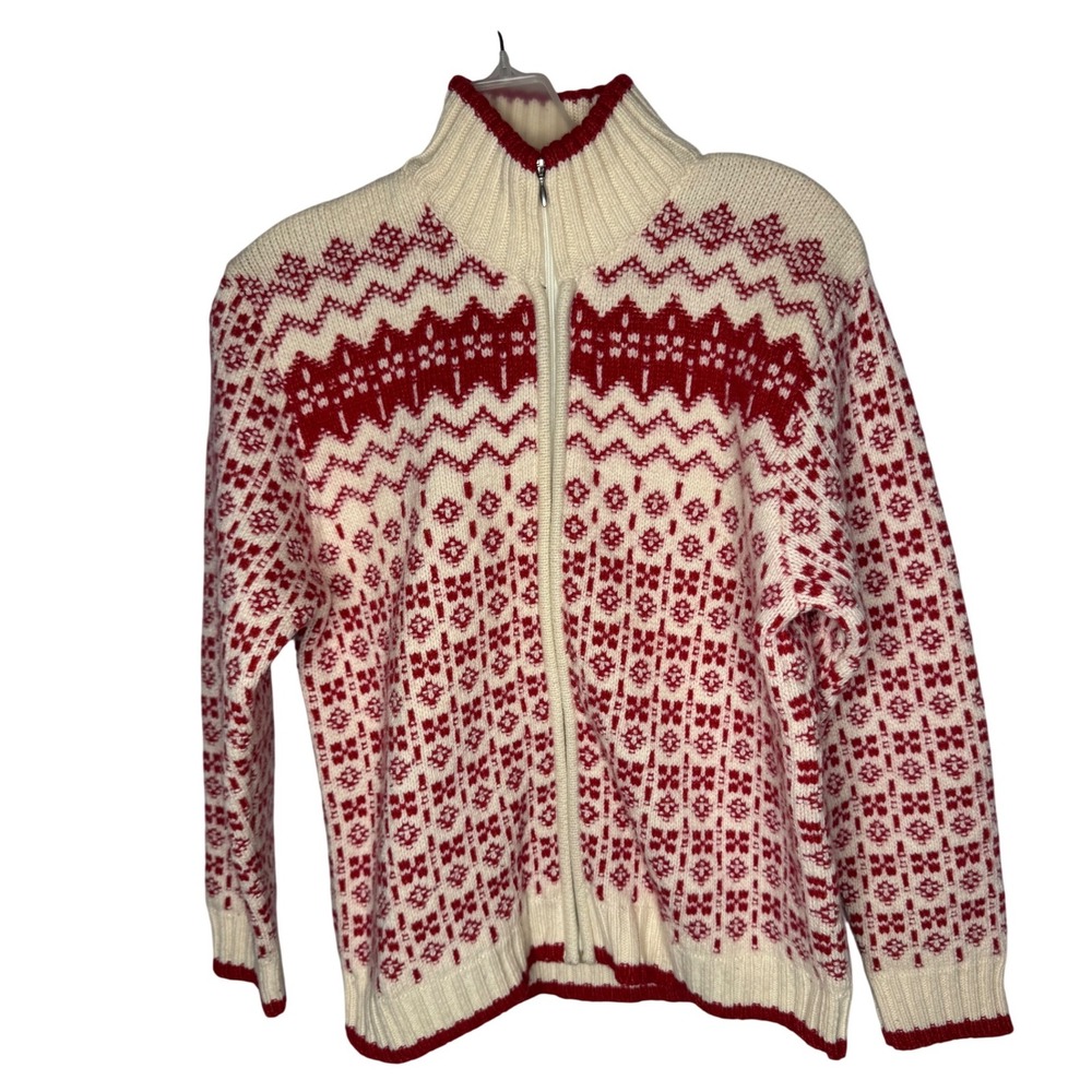 Talbots Womens Red White Fair Isle Merino Wool Blend Zip Cardigan Sweater Small